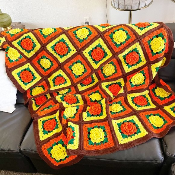 Other - VTG 53x70 Crochet Afghan Throw Blanket Granny Square Brown Orange MCM Flowers
